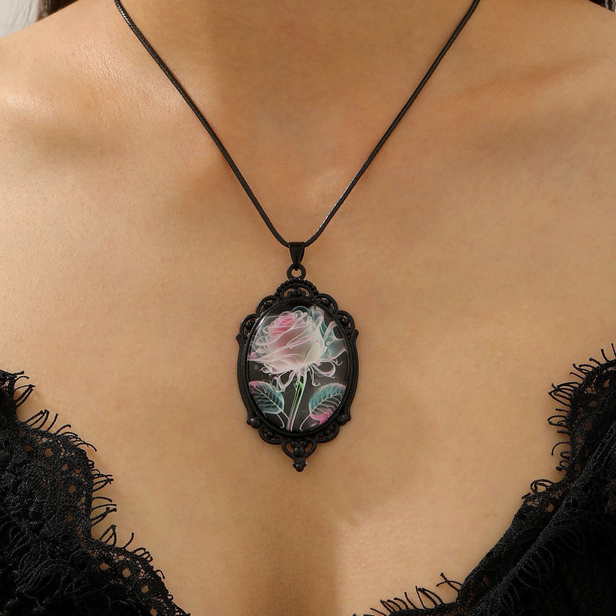 Simple Oval Cabochon Glass Alloy Necklace, Matte Black Plating, Cool Daily Ornament Gift For Club & Casual Trip