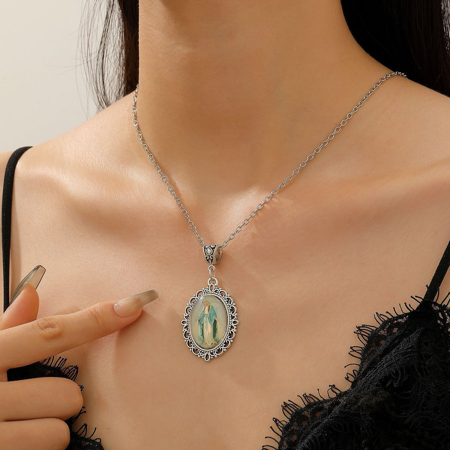 Trendy Oval Time Gem Glass Alloy Neck Chain, Antique Silver Plating, Versatile Decor Gift For Holiday Dinner Party