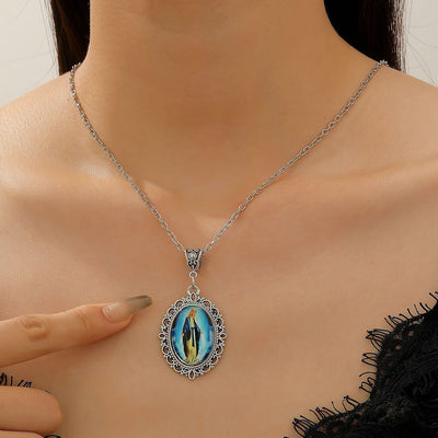 Delicate Oval Cabochon Glass Alloy Pendant Necklace, Antique Silver Tone, Dainty Jewelry Gift For Vacation & Date Party