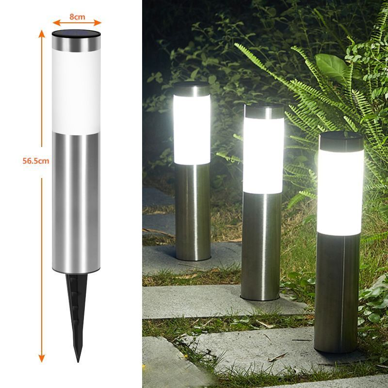 Cylindrical Solar Stainless Steel Lawn Lamp, Waterproof LED Courtyard Light For Villa Garden, Silver Cool White, 56.5x8cm, Premium Housewarming Outdoor Decor Gift