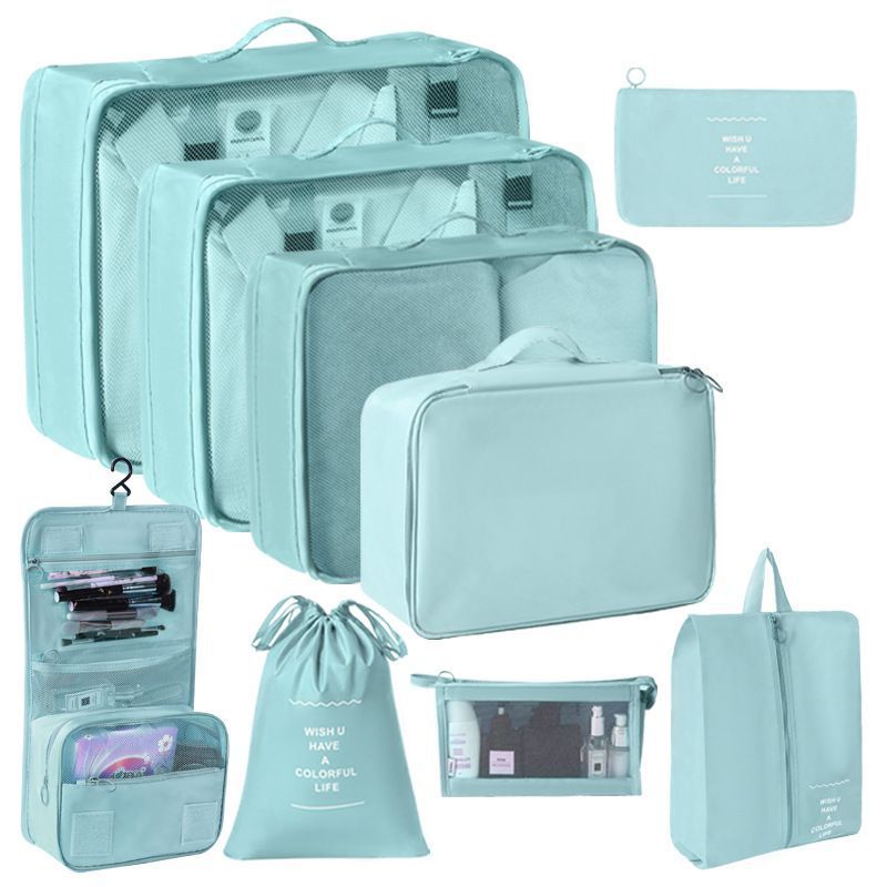 Multi-Size Travel Packing Organizer Bags With Cosmetic Pouch & Hanging Toiletry Bag, 9 Pcs Collection, Light Blue, All-In-One Vacation Gift