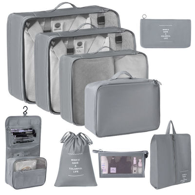 Suitcase Clothing Storage Pouches For Travel, 9 Pcs Organizer Set With Hanging Wash Bag & Makeup Bag, Grey, Practical Family Travel Gift