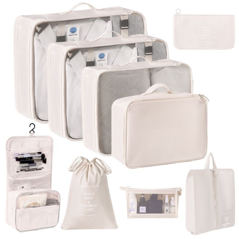 Travel Garment Sorting Pouches, 9 Pcs Storage Kit Equipped With Cosmetic Bag & Hanging Toiletry Pouch, Beige, Stylish Holiday Travel Gift
