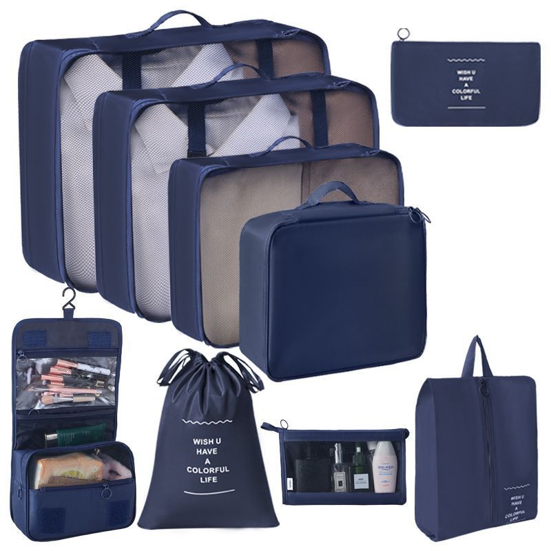 Portable Travel Clothes Organizer Set, 9 Pcs Packing Pouches With Hanging Wash Bag & Cosmetic Pouch, Navy Blue, Ideal Overseas Trip Gift