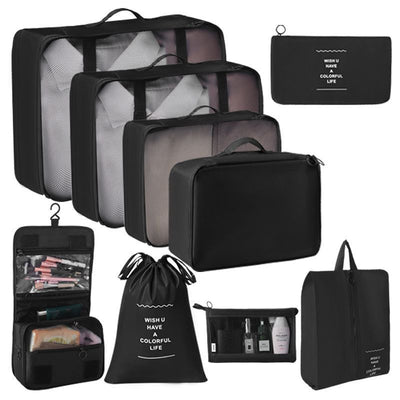 Multi-Function Luggage Storage Pouches For Garments, 9 Pcs Travel Organizer Kit With Hanging Toiletry & Makeup Bag, Black, Durable Journey Gift