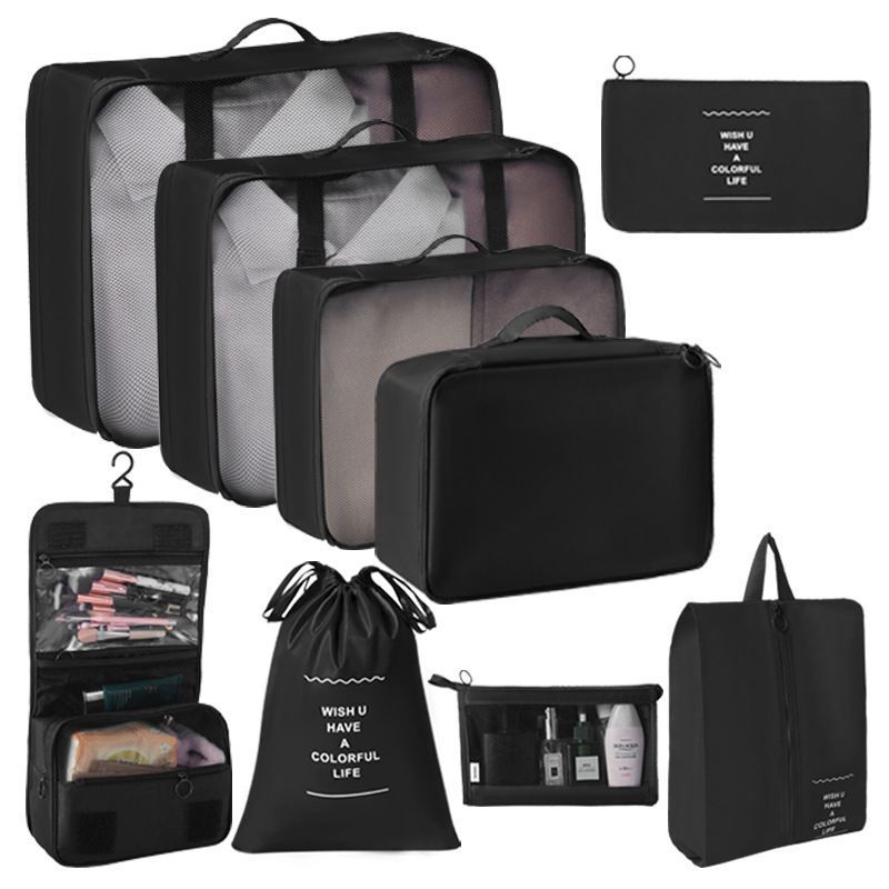 Multi-Function Luggage Storage Pouches For Garments, 9 Pcs Travel Organizer Kit With Hanging Toiletry & Makeup Bag, Black, Durable Journey Gift