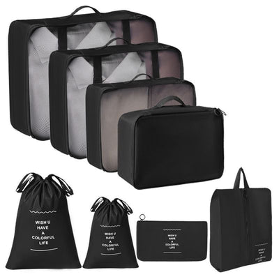 Travel Clothing Packing Organizer Pouches With Dual Drawstring Sacks, 8 Pcs Storage Set, Black, Compact Short Journey Accessory Gift