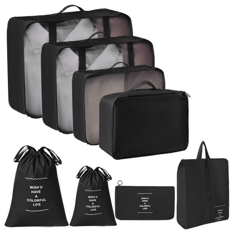 Travel Clothing Packing Organizer Pouches With Dual Drawstring Sacks, 8 Pcs Storage Set, Black, Compact Short Journey Accessory Gift