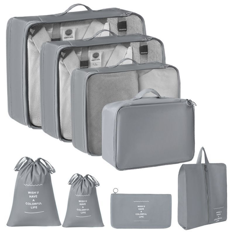 Suitcase Garment Sorting Storage Bags, 8 Pcs Travel Packing Kit With Double Drawstring Pouches, Grey, Convenient Camping Travel Gift