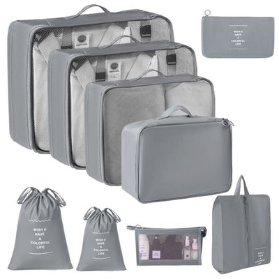 9 Pcs Travel Clothes Storage Organizer Set, Packing Pouches With Dual Drawstring Bags & Cosmetic Pouch, Grey, Comprehensive Vacation Prep Gift
