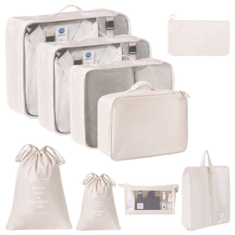 Portable Luggage Garment Pouches For Travel, 9 Pcs Organizer Kit Including Double Drawstring Sacks & Makeup Bag, Beige, Lovely Travel Gift