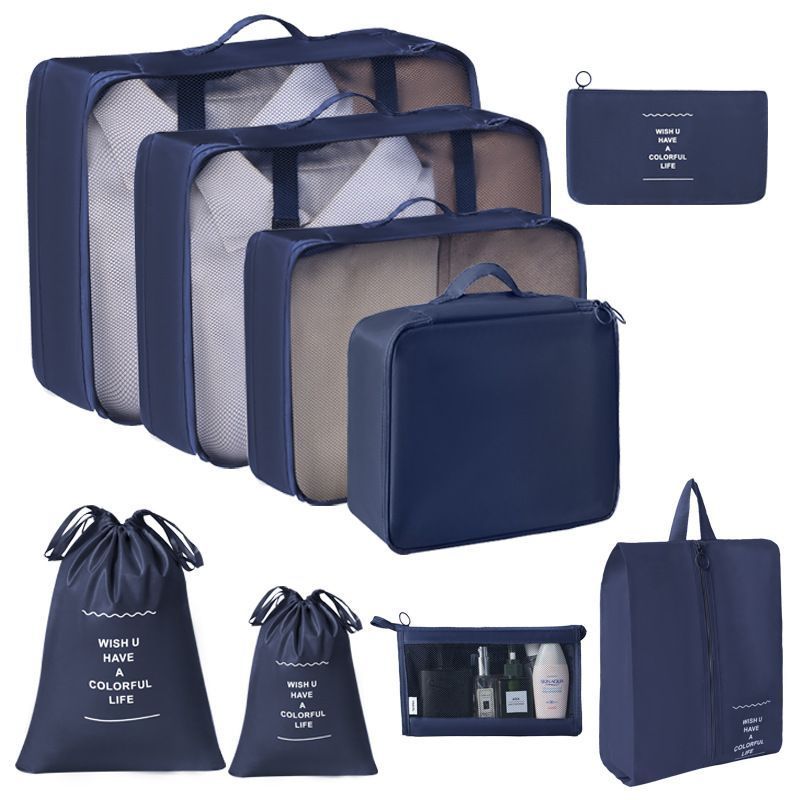 Multi-Purpose Travel Packing Bags, 9 Pcs Storage Set With Dual Drawstring Pouches & Cosmetic Pouch, Navy Blue, Great Overseas Travel Gift