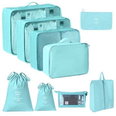 Lightweight Travel Garment Storage Pouches, 9 Pcs Organizer Set With Dual Drawstring Sacks & Cosmetic Pouch, Bright Blue, Trendy Travel Gift
