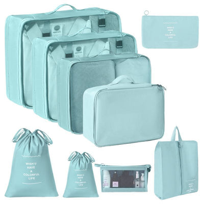 All-Round Travel Clothes Packing Organizer, 9 Pcs Storage Kit Including Double Drawstring Pouches & Makeup Bag, Light Blue, Handy Traveller Gift