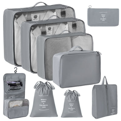 Travel Clothing Sorting Pouches, 9 Pcs Packing Kit Equipped With Dual Drawstring Bags & Hanging Toiletry Pouch, Grey, Perfect Family Vacation Gift
