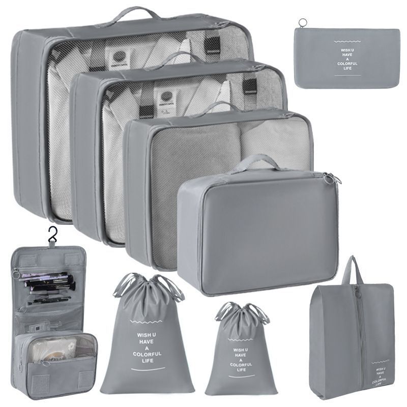 Travel Clothing Sorting Pouches, 9 Pcs Packing Kit Equipped With Dual Drawstring Bags & Hanging Toiletry Pouch, Grey, Perfect Family Vacation Gift