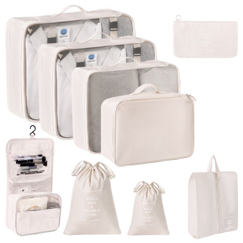 Portable Suitcase Garment Organizer Bags, 9 Pcs Travel Storage Set With Double Drawstring Sacks & Hanging Wash Bag, Beige, Elegant Travel Prep Gift
