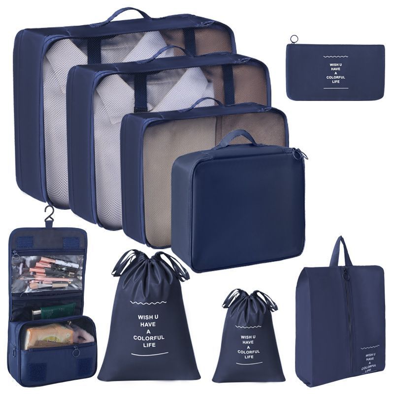 Luggage Clothes Packing Pouches For Journey, 9 Pcs Organizer Kit With Dual Drawstring Pouches & Hanging Toiletry Bag, Navy Blue, Practical Business Travel Gift