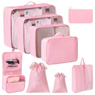 Multi-Function Travel Storage Pouches For Garments, 9 Pcs Set Including Double Drawstring Bags & Hanging Wash Pouch, Pink, Sweet Holiday Travel Gift