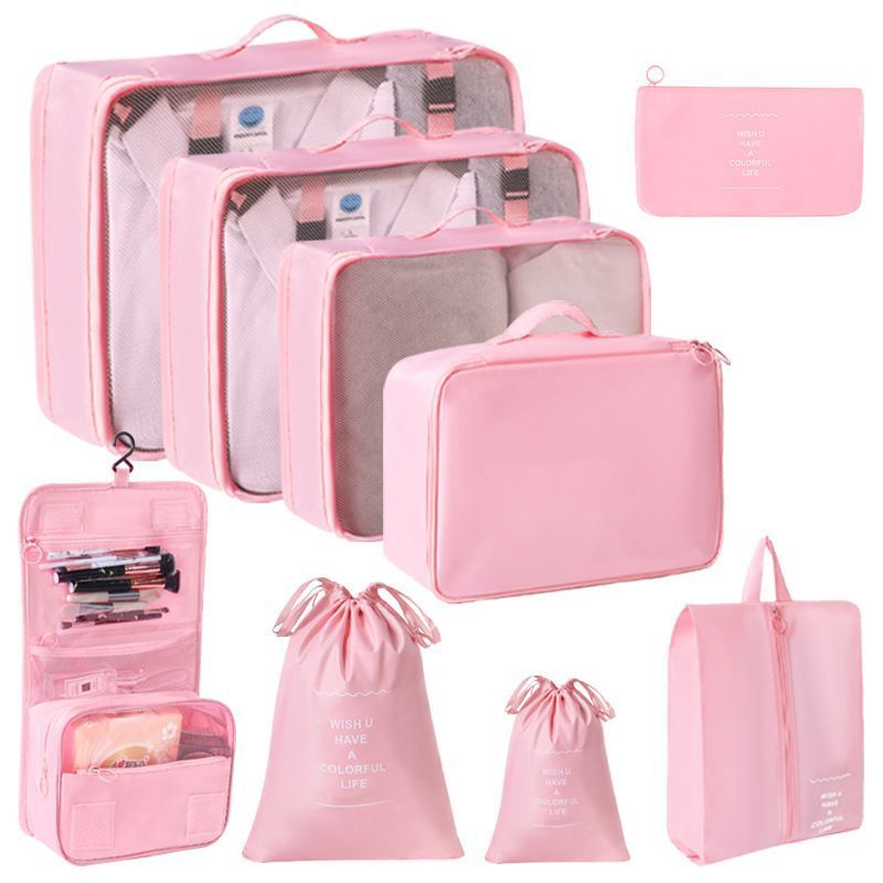 Multi-Function Travel Storage Pouches For Garments, 9 Pcs Set Including Double Drawstring Bags & Hanging Wash Pouch, Pink, Sweet Holiday Travel Gift