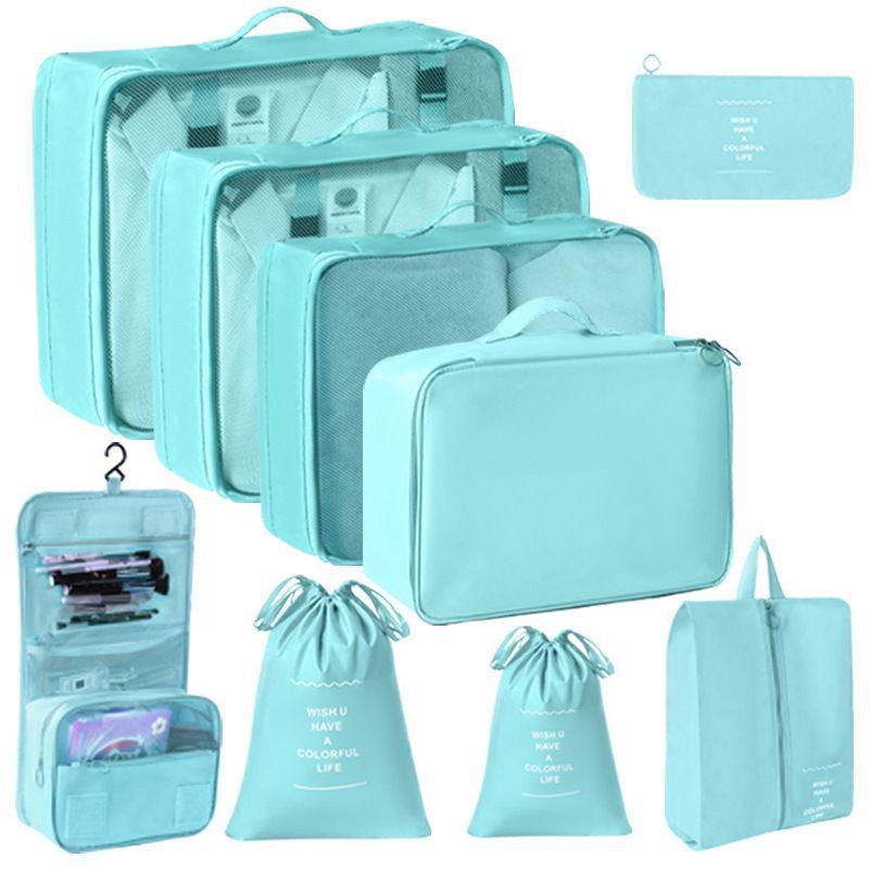 Lightweight Travel Garment Organizer Set, 9 Pcs Packing Kit With Dual Drawstring Sacks & Hanging Toiletry Bag, Bright Blue, Stylish Outdoor Journey Gift