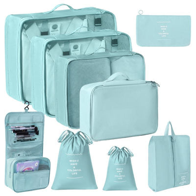 Suitcase Clothing Sorting Storage Kit, 9 Pcs Travel Pouches With Double Drawstring Bags & Hanging Wash Pouch, Light Blue, Convenient Getaway Gift