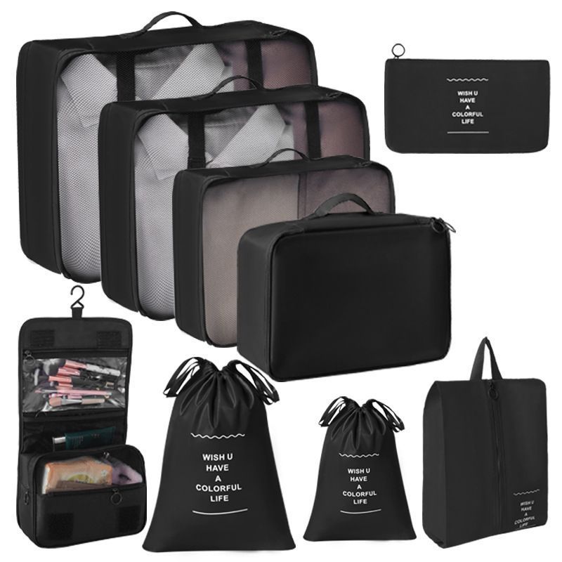 All-Inclusive Travel Clothes Packing Organizer, 9 Pcs Storage Set With Dual Drawstring Sacks & Hanging Toiletry Bag, Black, Durable Overseas Trip Gift