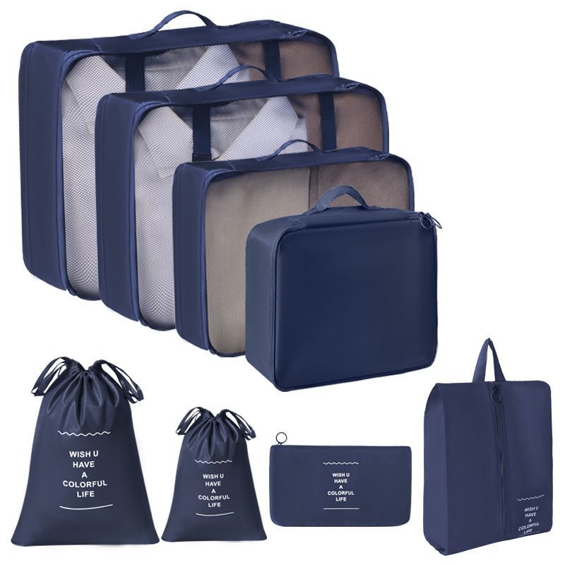 Portable Luggage Sorting Pouches For Travel, 8 Pcs Packing Set Including Double Drawstring Sacks, Navy Blue, Ideal Short Vacation Gift