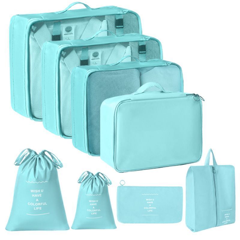 Multi-Purpose Travel Clothes Organizer Bags, 8 Pcs Storage Kit With Dual Drawstring Pouches, Bright Blue, Lovely Camping Trip Gift