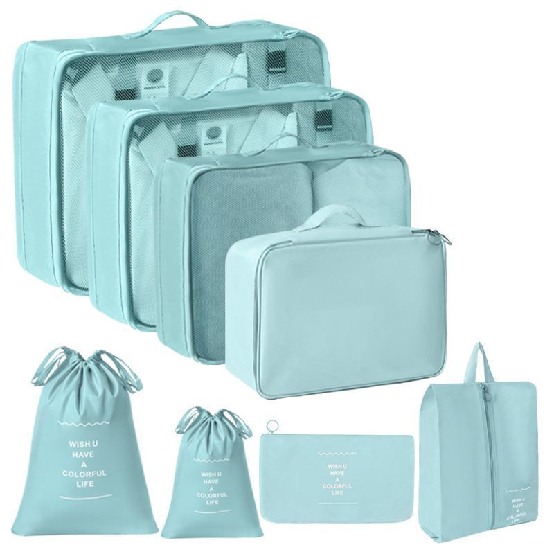 Lightweight Suitcase Garment Packing Pouches, 8 Pcs Travel Storage Set With Double Drawstring Bags, Light Blue, Handy Holiday Accessory Gift