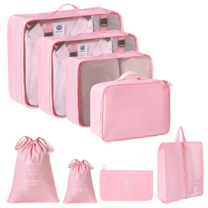 Travel Clothing Sorting Organizer Kit, 8 Pcs Luggage Pouches Equipped With Dual Drawstring Sacks, Pink, Thoughtful Traveller Present