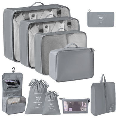 Complete Travel Packing Organizer Set, 10 Pcs Clothes Storage Pouches With Dual Drawstring Bags, Cosmetic Pouch & Hanging Toiletry Bag, Grey, Ultimate Long Trip Gift