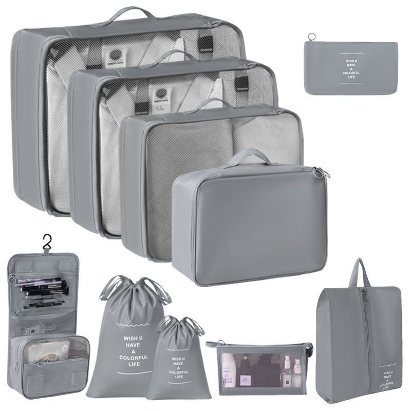 Complete Travel Packing Organizer Set, 10 Pcs Clothes Storage Pouches With Dual Drawstring Bags, Cosmetic Pouch & Hanging Toiletry Bag, Grey, Ultimate Long Trip Gift