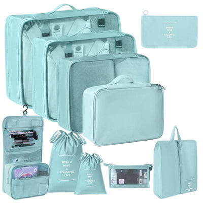 Multi-Size Suitcase Garment Storage Pouches, 10 Pcs Travel Kit Including Double Drawstring Sacks, Makeup Bag & Hanging Wash Pouch, Light Blue, Premium Vacation Gift