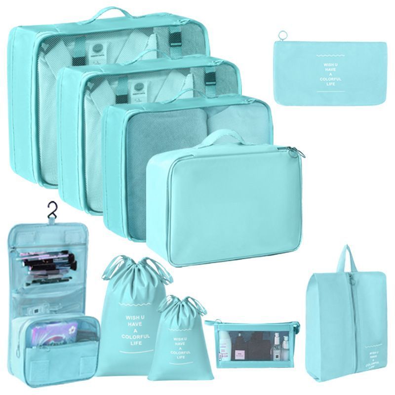 Portable Travel Clothes Organizer Pouches, 10 Pcs Packing Set With Dual Drawstring Bags, Cosmetic Bag & Hanging Toiletry Pouch, Bright Blue, All-Round Overseas Travel Gift