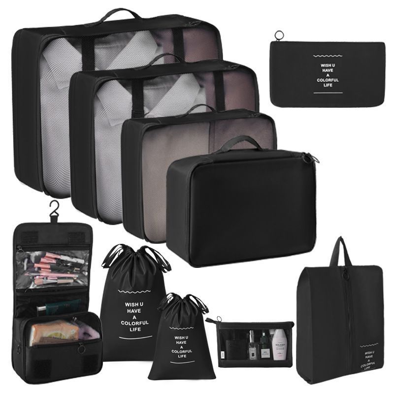 Luggage Garment Sorting Storage Kit, 10 Pcs Travel Pouches Equipped With Dual Drawstring Sacks, Makeup Pouch & Hanging Wash Bag, Black, Reliable Family Journey Gift