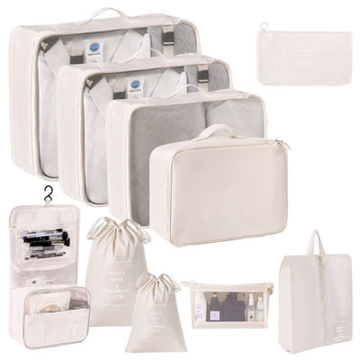 Lightweight Travel Packing Organizer Bags, 10 Pcs Clothes Storage Set With Dual Drawstring Pouches, Cosmetic Bag & Hanging Toiletry Pouch, Beige, Elegant Travel Prep Gift