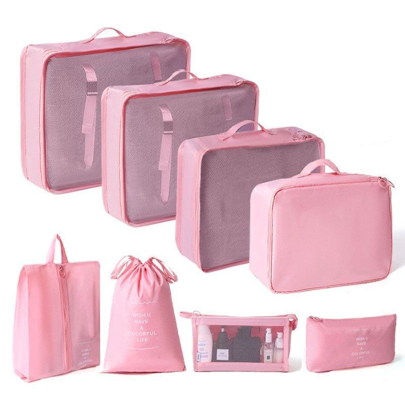 Portable Luggage Packing Organizer Set, 8 Pcs Travel Storage Pouches Including Makeup Pouch, Pink, Lovely Weekend Getaway Gift