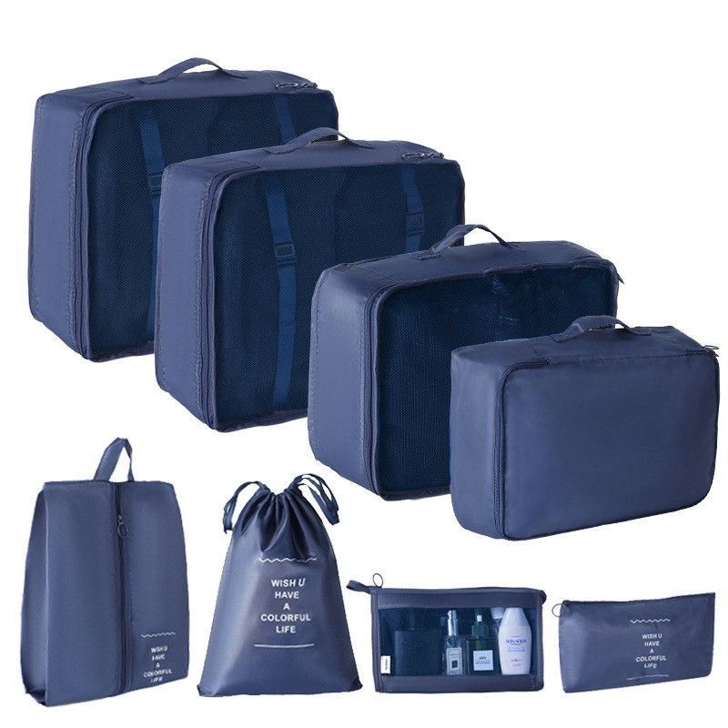 Lightweight Travel Garment Storage Bags, 8 Pcs Suitcase Organizer Kit With Cosmetic Pouch, Navy Blue, Great Camping Travel Accessory Gift