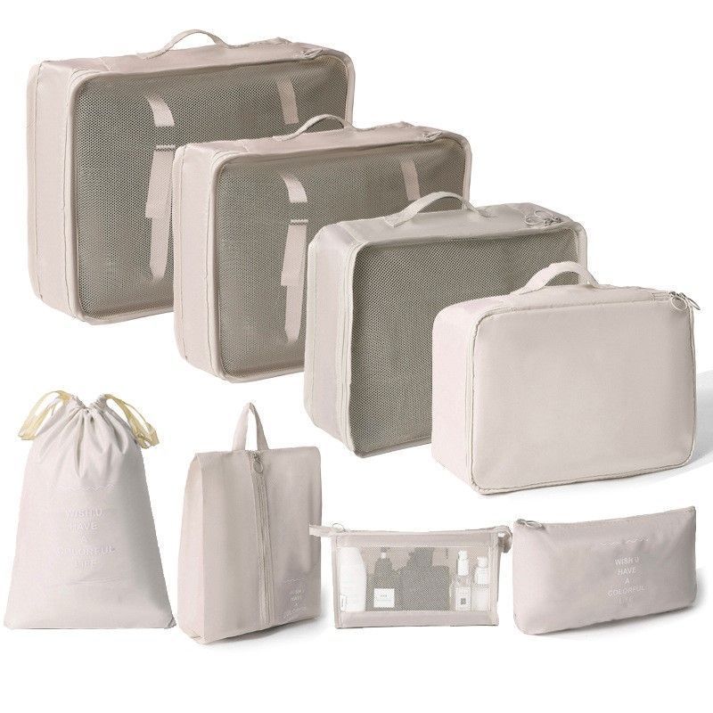 Multi-Purpose Suitcase Clothing Pouches For Travel, 8 Pcs Packing Set Equipped With Independent Makeup Bag, Beige, Stylish Vacation Prep Gift