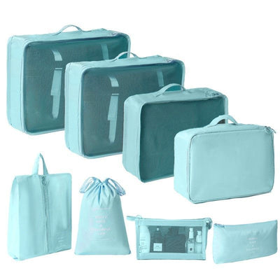 Travel Clothes Sorting Organizer Pouches, 8 Pcs Luggage Storage Kit Including Cosmetic Pouch, Light Blue, Handy Holiday Traveller Gift
