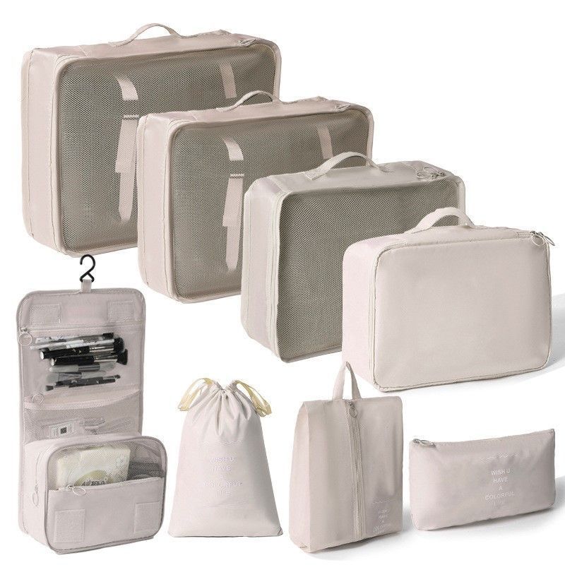 8 Pcs Travel Garment Packing Pouches, Suitcase Clothes Organizer Set With Hanging Toiletry Bag, Beige, Practical Long Weekend Travel Gift