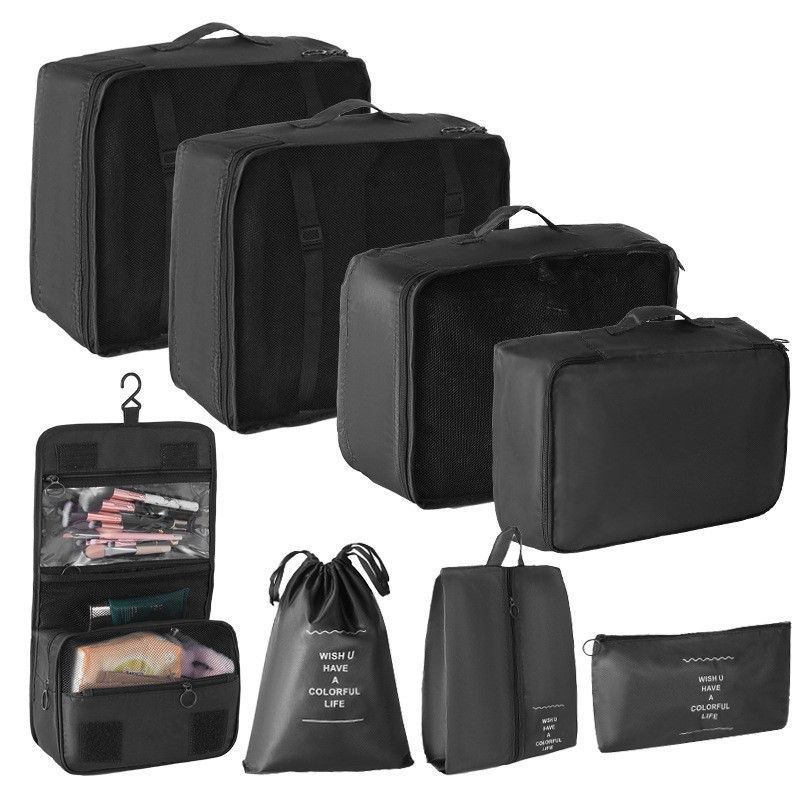 Multi-Size Portable Travel Storage Bags, 8 Pcs Clothing Organizer Kit With Hanging Wash Pouch, Black, Durable Outdoor Journey Gift