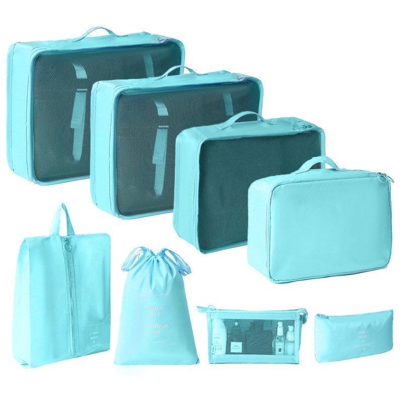 Lightweight Suitcase Garment Pouches For Trip, 8 Pcs Travel Packing Set Including Independent Cosmetic Bag, Bright Blue, Trendy Vacation Gift