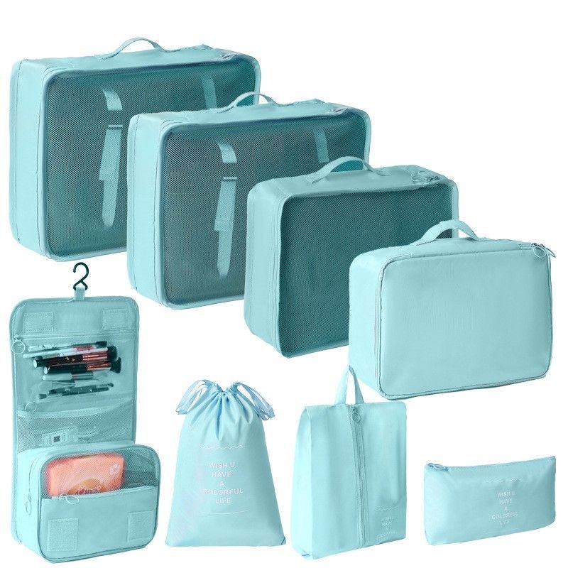 Travel Clothing Sorting Organizer Kit, 8 Pcs Luggage Storage Pouches Equipped With Hanging Toiletry Bag, Light Blue, Compact Getaway Accessory Gift