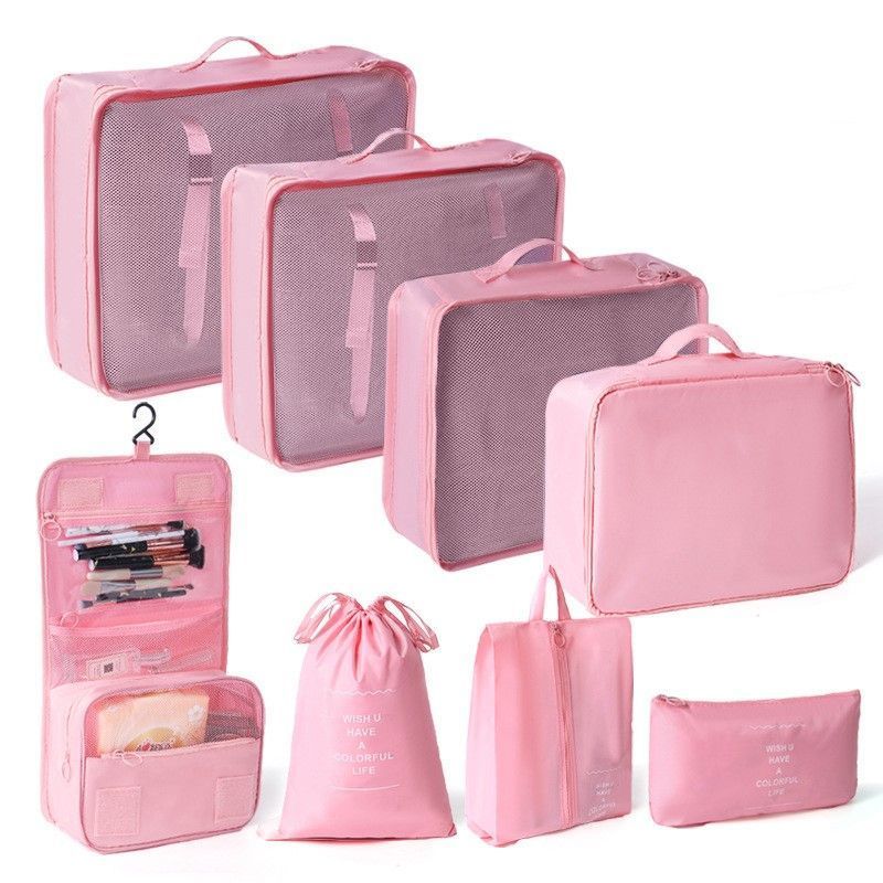 All-Round Suitcase Clothing Pouches For Journey, 8 Pcs Travel Packing Set With Hanging Wash Pouch, Pink, Sweet Holiday Traveller Gift