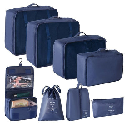 Lightweight Travel Garment Organizer Pouches, 8 Pcs Luggage Storage Kit Equipped With Hanging Toiletry Bag, Navy Blue, Reliable Camping Trip Gift