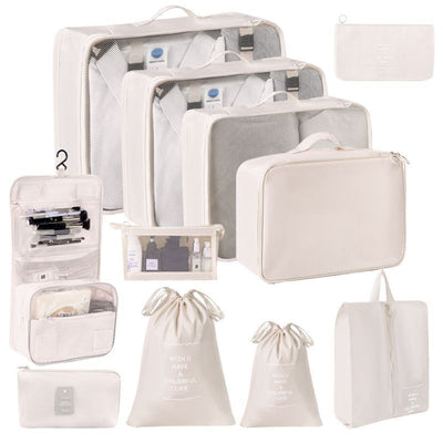 Ultimate Travel Packing Organizer Set, 11 Pcs Clothes Storage Pouches With Dual Drawstring Bags, Hanging Toiletry Bag, Cosmetic Pouch & Digital Gadget Bag, Beige, Complete Overseas Vacation Gift