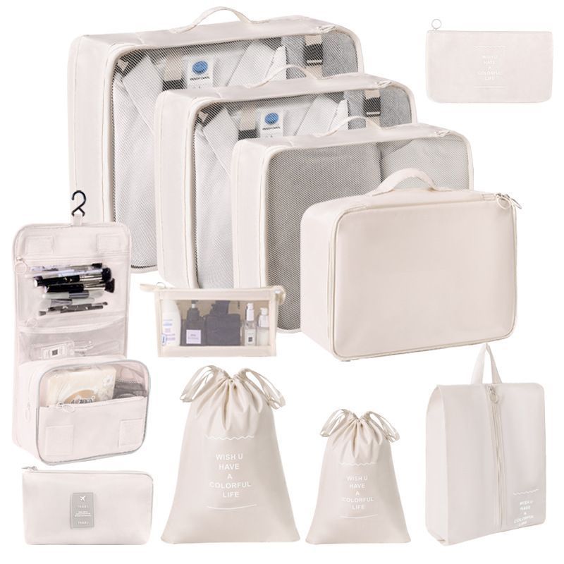 Ultimate Travel Packing Organizer Set, 11 Pcs Clothes Storage Pouches With Dual Drawstring Bags, Hanging Toiletry Bag, Cosmetic Pouch & Digital Gadget Bag, Beige, Complete Overseas Vacation Gift