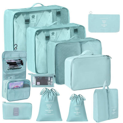 Multi-Function Travel Clothes Organizer Pouches, 11 Pcs Packing Set With Dual Drawstring Bags, Hanging Toiletry Bag, Cosmetic Pouch & Digital Storage Bag, Light Blue, Stylish Family Travel Gift